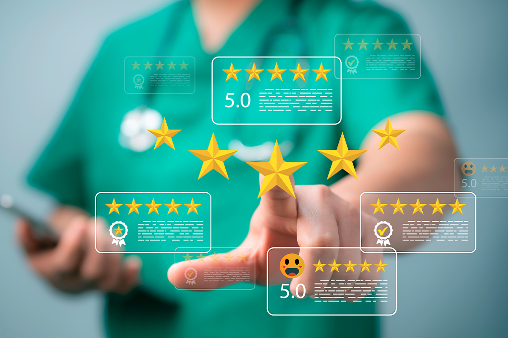 Why Online Reputation Management is Crucial for Physicians 2 a person touching a star rating - Patient Reviews in Building Reputation